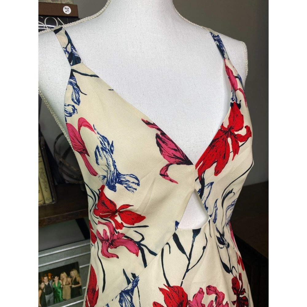 Thakoon 100% Silk Iris Print Cutout Mini Dress Ivory Red Floral Women's Size 4 - Picture 2 of 11
